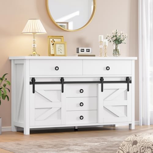 YITAHOME DWVO 54" Farmhouse Dresser for Bedroom, Large Modern Chest of Drawers, Wood Rustic Dresser TV Stand with 5 Drawers & 2 Sliding Barn Doors for Living Dining Room, Entryway, Hallway, White