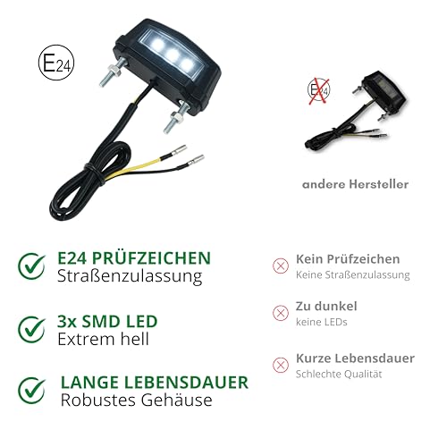 Binego® Motorrad Quad LED Kennzeichenbeleuchtung E Geprüft Nummernschildbeleuchtung Mini Weiß Klar ATV E24 ABE TÜV 12V