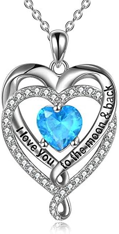 Birthstone Mothers Day Gift for Women Double Heart Necklace Sterling Silver I Love You to the Moon and Back Necklace Jewellery Gifts for Girlfriend Wife Mom Women Friend Birthday Chrismas Gifts