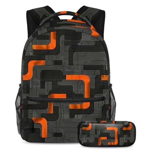 Sac à dos labyrinthe noir et orange avec trousse assortie pour écolier
