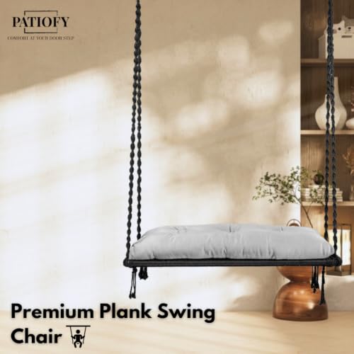 Image of Patiofy Double Seater Plank Swing for Adults and Kids | Indoor and Outdoor Use | Jhula for Adults with Grey Cushion and Hanging Kit | Weight Capacity - 150 Kg - Black