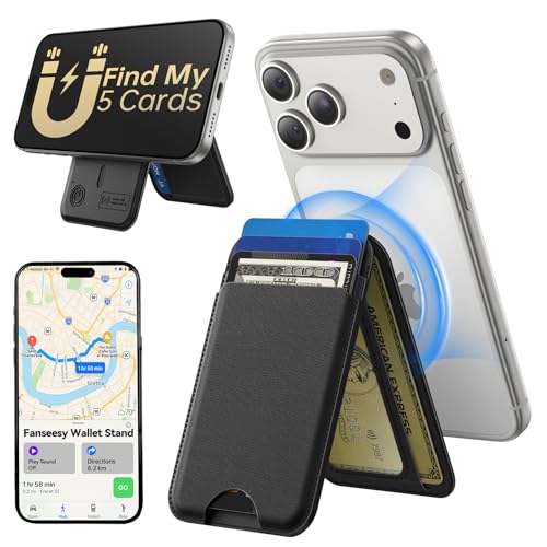 TWZKG for MagSafe Wallet Works with Apple Find My 5 Card Holder with Stand Magnetic Phone Wallet for iPhone 17/16/15/14/13/12 Pro Max Plus Air RFID Blocking Vegan Leather Black