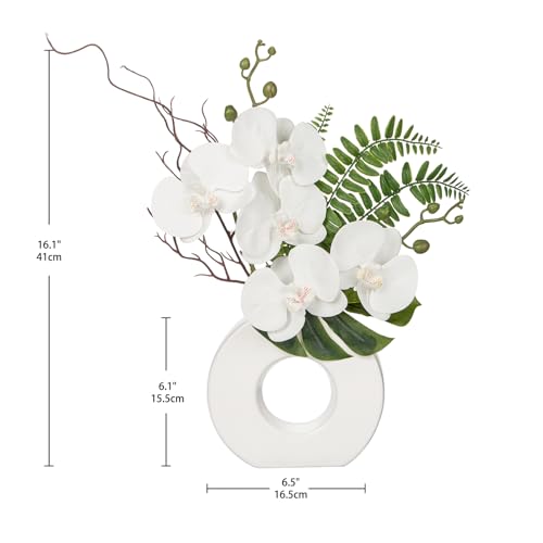 Oairse Artificial Orchid Flowers 41cm White Orchid Silk Flowers with Ceramic White Vase Faux Phalaenopsis Flower Arrangement for Home Office Kitchen Table Centerpiece Decoration - Image 2