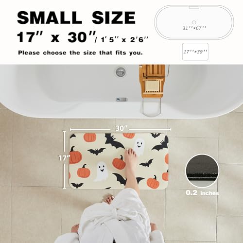 Halloween Bath Mat, Thin Bathroom Rug Non Slip Quick Dry Pumpkin Bath Mat Fits Under Door Thin Floor Mat Halloween Decor, 17''x30'', Pumpkins Bats and Ghost