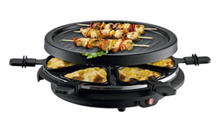 Raclette y plancha eléctrica para 6 personas, 800W, ideal para cenas y reuniones, permite cocinar y derretir quesos fácilmente.