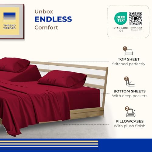 Image of THREAD SPREAD Split King Sheet Set, Luxury 1000 Series Paradise Collection 100% Egyptian Cotton Split King Sheets Sets for Adjustable Bed (5 PC, Burgundy), Soft, 16 inch Deep Pocket Hotel Sheets