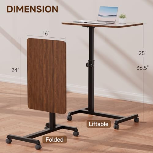 Image of GTPLAYER Small Standing Desk, 24 Inches Foldable Mobile Rolling Laptop PC Table with Lockable Casters, Adjustable Height Overbed Bedside Table Computer Workstation for Home Office, Dark Brown-Foldable