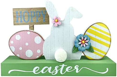 HOMirable aster Decorations for Home Eggs Bunny Decor Happy Easter Block Cute Rabbit Tabletop Wooden Farmhouse Rustic Sign, Dining Room, Mantle, Fireplace, Shelf Indoor