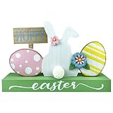 HOMirable aster Decorations for Home Eggs Bunny Decor Happy Easter Block Cute Rabbit Tabletop Wooden