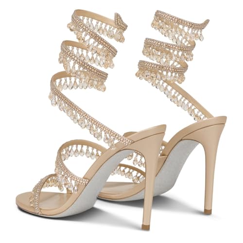 Rhinestone Wrap Around Strappy Stiletto High Heels for Women, Open Round Toe Lace Up Heeled Sandals for Wedding Prom Party Dress3