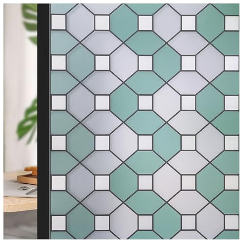 ConCus-T Green White Stained Glass Window Film Privacy Frosted Geometric Glass Film Static Cling Window Sticker Anti UV Door Covering Vinyl for Home Office, 44.5x200CM