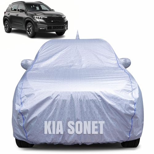 Image of 100% Waterproof Car Body Cover for Kia Sonet (2020-2024) with Mirror Pocket, Heat & UV Resistant, Triple Stitched, Soft Lining, Bottom Elastic & Piping (Silver Reflective)