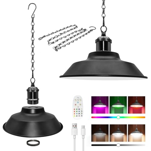Dimmable Battery Operated Pendant Light, Rechargeable Hanging Lamp with Remote, 23x7cm Detachable Black Metal Lampshade Ceiling Light, 100 cm Metal Hanging Chain Lamp , No Wiring, No Power Socket