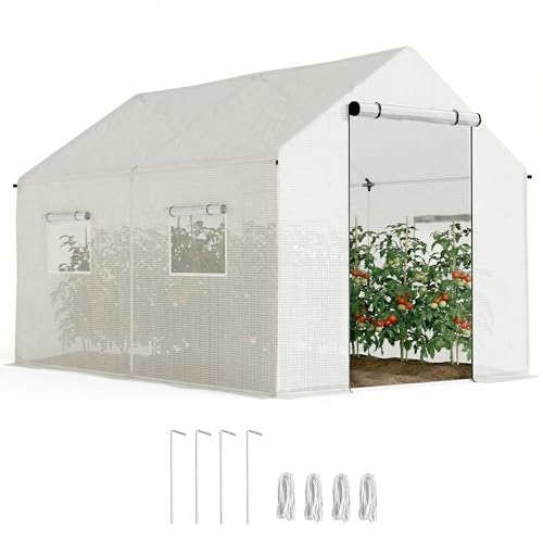 Outsunny Serre de Jardin Tunnel 2 x 3m, 6m² avec Porte Enroulable, 4 fenêtres, - Acier galvanisé PE Haute densité Blanc