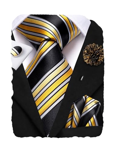Image of Hi-Tie Men's Tie Lapel Pin Set Pocket Square Cufflinks Formal Woven Silk Tie Sets Wedding Party