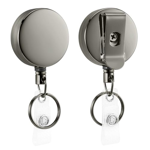 QIUTIMIY 2 PCS Heavy Duty Metal ID Badge Holder,Retractable Badge Clip Key Ring with 60cm Steel Cord,Black