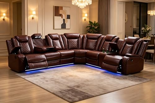 Image of Living Room Furniture Sets, Power Recliner Sofa Sectional Sofa with LED Light for Living Room, Brown Leather Reclining Sectional Couches Set, Cup Holder, Storage Console for Home Theater Seating