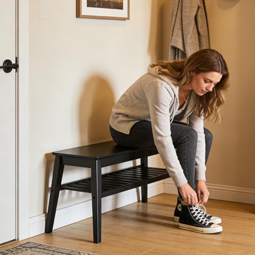 Nnewvante Bamboo Entryway Bench, 33.46\" End of Bed Bench, 2 Tier Black Bench for Bedroom, Indoor Bench for Living Room, Dining Room, Hallway, Holds up to 300lbs - Thumbnail 3