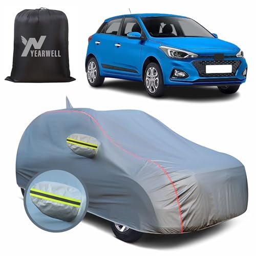 Image of Car Body Cover for Hyundai i20 (2008 to 2020), 100% Waterproof, Heat-Resistant with Mirror & Antenna Pockets, Soft Cotton Lining, Triple Stitched, Green Reflector (Metallic Grey)