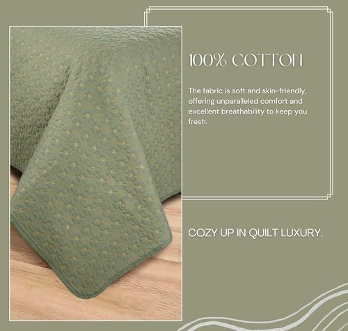 Image of SANMARINO Solid 100% Cotton Multi-Needle Quilted Ultrasonic Bedcover Set - 280 TC, Soft & Lightweight, King Size /Double (90x100 in /228X254 cm), Coverlet with 2 Pillow Cases, Color-Green