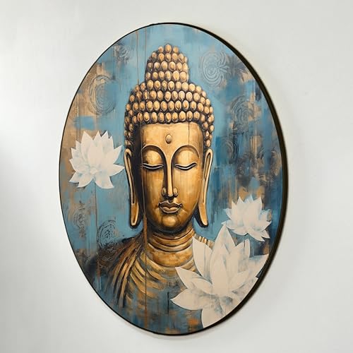 Image of PAINTINGMANTRA Framed Painting Meditating Lord Buddha with Lotus Round Large Wall Art for Living Room Decoration, Circular Gold Metal Finish Stylish Large Wall Art Print for Wall Decor (22x22 Inches)