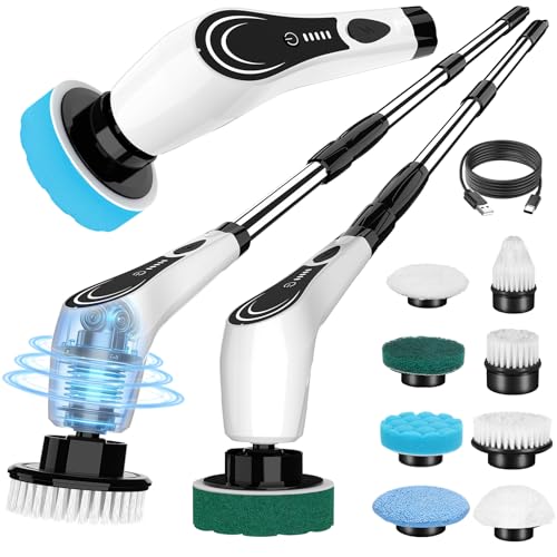 Image of Lichffy Electric Spin Scrubber, Cordless Power Scrubber with 8 Replaceable Brushs, 2-Speed Adjustable Handle Shower Scrubber, IPX7 Waterproof Cleaning Brush for Bathroom, Tile, Tub, Teens, White-qe1