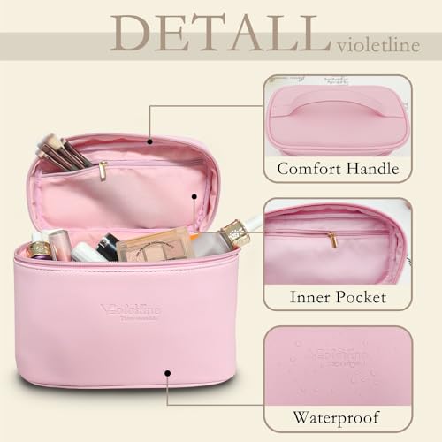 Travel Cosmetic Bag for Women, PU Leather Cosmetic Bag Set of 2, Waterproof, Large Makeup Bag with Handle (Light pink makeup bag)2