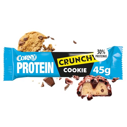 Corny Protein Crunchy - Barrita Proteica de Chocolate con Leche Sabor Cookie 45 g, 30% Proteinas, 0% Azúcares Añadidos, Ayuda al Desarrollo y Recuperación de la Masa Muscular, Taste the Power