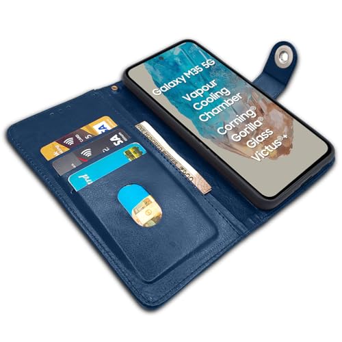 Image of Pikkme Flip Cover Leather Finish | Inside TPU with Card Pockets | Wallet Stand and Shock Proof | Complete Protection Button Flip Case for Samsung Galaxy M35 5G (Blue)