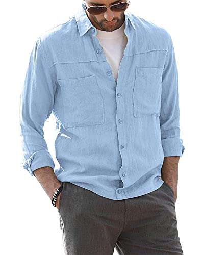 LVCBL Camisas abotonadas para Hombre Lino Playa Manga Larga Casual Algodón Verano Tops Azul Claro L Cover