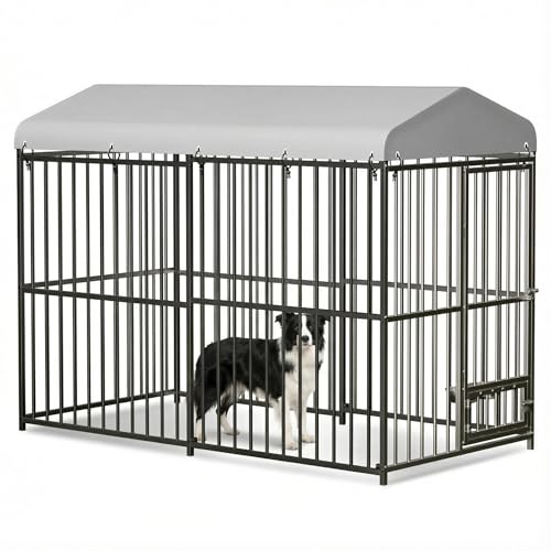 Outdoor Dog Kennel Outside Run with Safety Locks, Swivel Feeder, UV & Water Resistant Proof Cover - 8×4×6FT Large Dog Kennels Pens Outside for All Dog Breeds