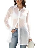 Gihuo Womens Sheer Blouse Mesh Button Down Shirts Long Sleeve Sexy See Through Tops(White-XL)