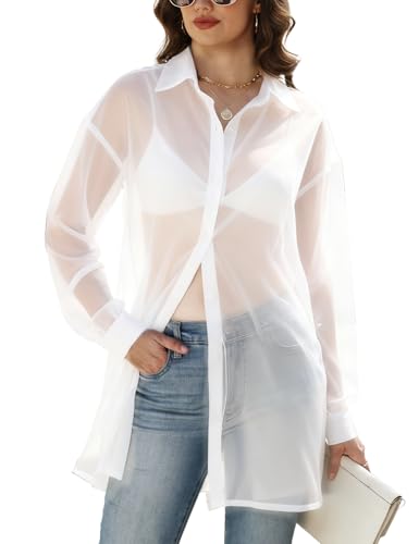 Gihuo Womens Sheer Blouse Mesh Button Down Shirts Long Sleeve Sexy See Through Tops(White-XL)