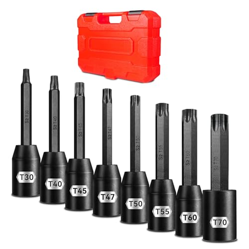 Pgroup 1/2' Drive Impact Torx Star Bit Socket Set, 8-Piece Extra Long, S2 & Cr-Mo Steel for Automotive Repair and Mechanical Maintenance, Heavy Duty Storage Case