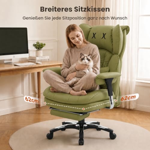 Efomao Bürostuhl, Ergonomischer Großer PU-Leder Chefsessel mit X-Stickerei, Lendenkissen, Fußstütze und Drehfunktion… – Ansicht 5