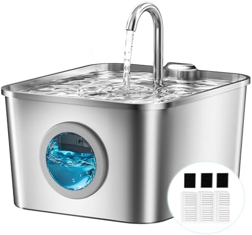 Katzenbrunnen Edelstahl Trinkbrunnen für Katze: 2,6L Katzentrinkbrunnen mit Kabel, Ultra-leise Wasserbrunnen für Katzen mit Vierfaches Filtersystem, Sichtfenster, LED, 3 Aktivkohle