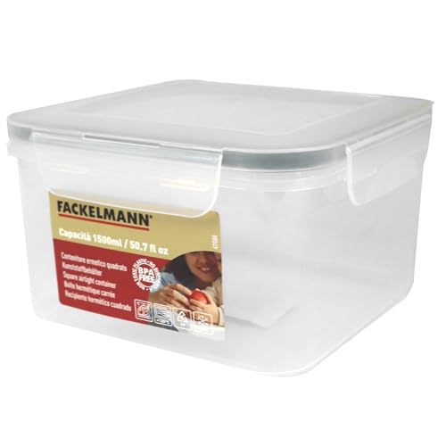 Fackelmann Contenitore Ermetico Quadrato 1500ml - Contenitore Alimentare Grande Salvaspazio - Frigo, Freezer, Microonde, Lavastoviglie - Trasparente, 4 Clip, Coperchio Ergonomico