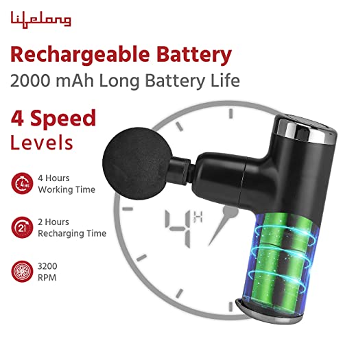Image of Lifelong Wireless LLGM27 Powerful Gun Massager with 4 Heads|Deep Tissue Percussion Muscle Massager for Pain Relief & Recovery|Portable Handheld Electric Fascial Gun Massager (1 Year Warranty, Black)