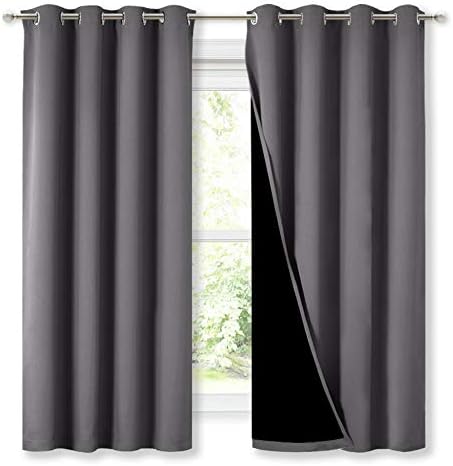 NICETOWN 100% Blackout Curtains with Black Liners, Thermal Insulated Full Blackout 2-Layer Lined Drapes, Energy Efficiency Window Draperies for Bedroom (Grey, 2 Panels, 52-inch W by 63-inch L)
