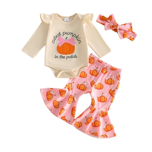 Saliuentm My First Halloween Baby Girl Outfit Long Sleeve Bow Pumpkin Print Romper Bell Bottoms Pants Sets Cute Baby Girl Fall Clothes Outfits (A-Apricot 12-18 Months)