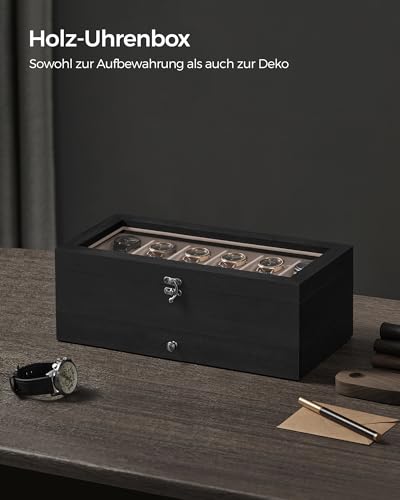 SONGMICS Uhrenbox mit 12 Fächern, Uhrenkasten aus Massivholz, mit Glasdeckel, Uhrenkissen, Schmuckaufbewahrung, Geschenk für Ihre Liebsten, ebenholzschwarz JOW012B01