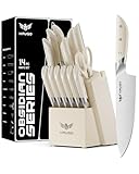 Haugo Kitchen Knife Set with Block: 14-Piece German Stainless Steel Full Tang Professional Knife - Comfortable Grip Reduces Hand Fatigue 30% - Dishwasher Safe & Sharpener - White Knife Set for Cooking