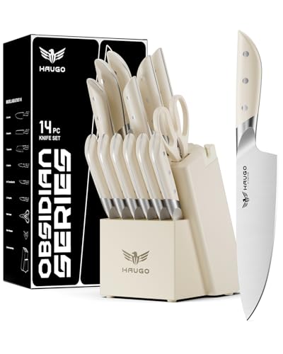 Haugo Kitchen Knife Set with Block: 14-Piece German Stainless Steel Full Tang Professional Knife - Comfortable Grip Reduces Hand Fatigue 30% - Dishwasher Safe & Sharpener - White Knife Set for Cooking