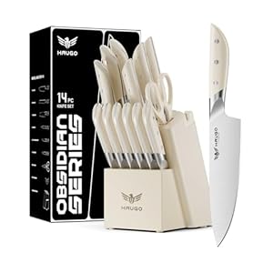 Kitchen Knife Set with Block: 14-Piece German Stainless Steel Full Tang Professional Knife - Comfortable Grip Reduces Hand Fatigue 30% - Dishwasher Safe & Sharpener - White Knife Set for Cooking
