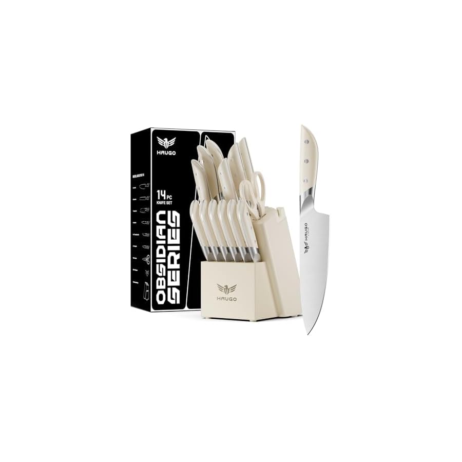 Kitchen Knife Set with Block: 14-Piece German Stainless Steel Full Tang Professional Knife - Comfortable Grip Reduces Hand Fatigue 30% - Dishwasher Safe & Sharpener - White Knife Set for Cooking