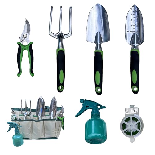 Feinidier 7-Piece Gardening Tools Set for Women, Heavy Duty Gardening Hand Tools, Outdoor Gardening Hand Tools with Non-Slip Green Rubber Handle. Indoor mini Gardening Potting Set (7) (Off-White) - Image 3