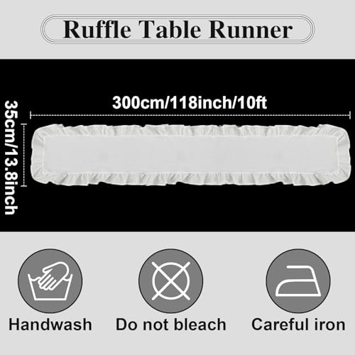 Oudain White Ruffle Table Runner Cotton Fabric 118 x 13.8'' Farmhouse Rustic Ruffled Edge Table Runner Wedding Decor for Spring Baby Shower Bridal Shower Party by Oudain - Image 2