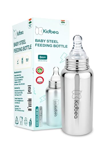 Image of Kidbea Stainless Steel Feeding Bottle 250ml for Babies | BPA Free, Food Grade, Leakproof | Anti-Colic Nipple | Safe & Durable Baby Milk Feeder (Pack of 1)