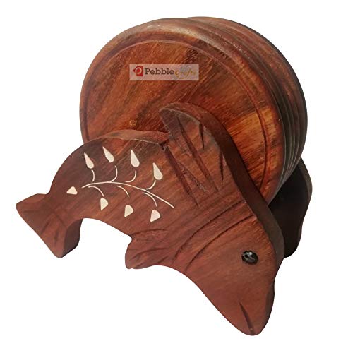 Image of Pebble Crafts Wooden Handmade Fish Shaped Set of 6 with Decorative Holder Tabletop Coasters for Tea Coffee Cups Mugs Beer Cans Bar Glass Indian Handicrafts
