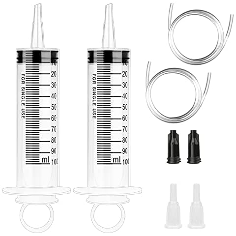 2 Pack 100ML Syringes Plastic Syringe with Tube Large Syringes for Labs Measuring Syringe with Adapter for Oil,Garden,Liquid, Animal Feeding,Glue,Dyes Cover
